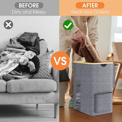 Laundry Basket Clothes Hamper with Lid and Pocket Large Collapsible Laundry Baskets with Handle, Freestanding Hampers for Bedroom Aesthetic, Dorm, Bathroom, Laundry Room (80L,Light Grey)