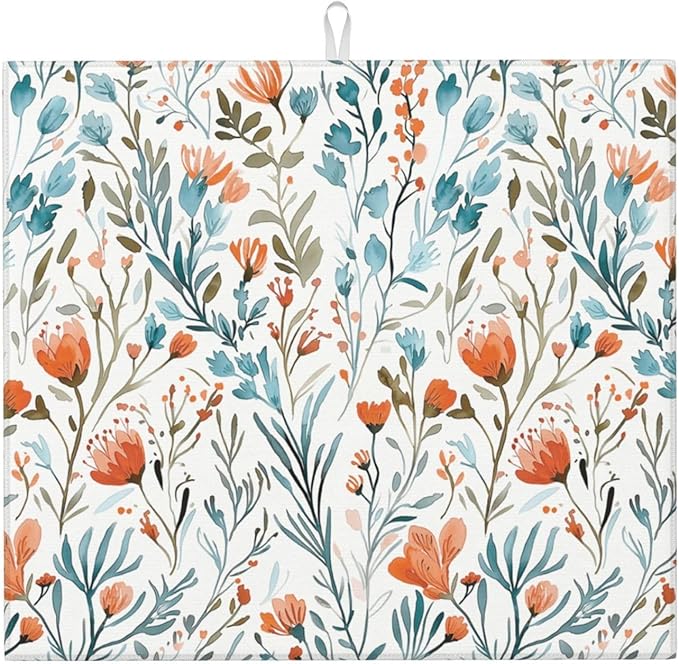 Teal and Orange Floral Dish Drying Mat for Kitchen Counter, Absorbent Microfiber Drying Pad for Dishes, Washable Foldable Burnt Orange Teal Kitchen Mat for Countertop Sink, Boho Home Decor, 16" x 18"