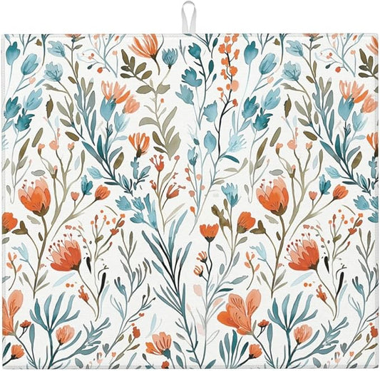 Teal and Orange Floral Dish Drying Mat for Kitchen Counter, Absorbent Microfiber Drying Pad for Dishes, Washable Foldable Burnt Orange Teal Kitchen Mat for Countertop Sink, Boho Home Decor, 16" x 18"