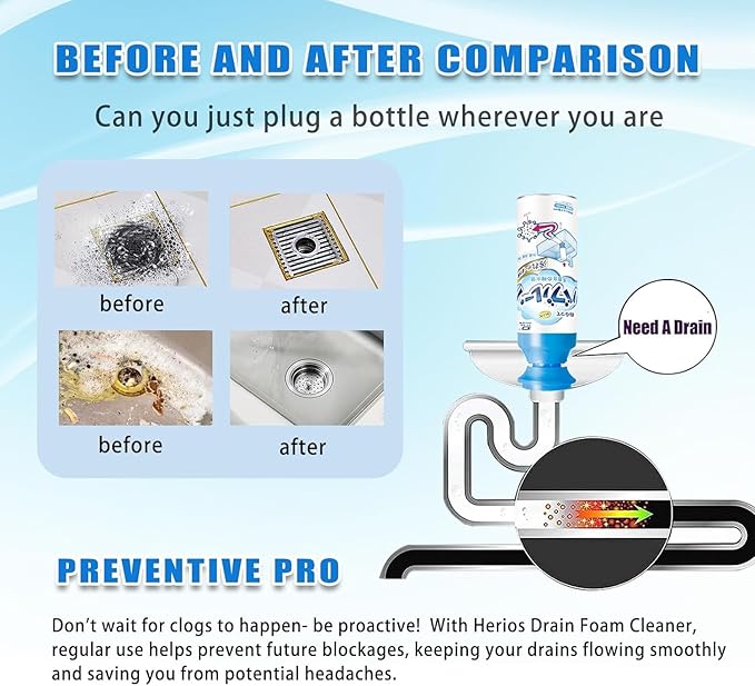 HERIOS Foam Drain Cleaner, Powerful Sink and, Liquid Hair Clog Remover, Foaming for Kitchen Drain, Sinks, Tubs (2 pc, 2, Count)