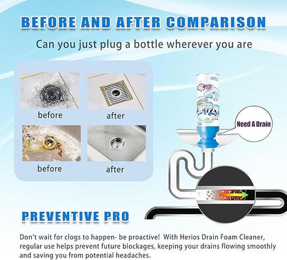 HERIOS Foam Drain Cleaner, Powerful Sink and, Liquid Hair Clog Remover, Foaming for Kitchen Drain, Sinks, Tubs (2 pc, 2, Count)