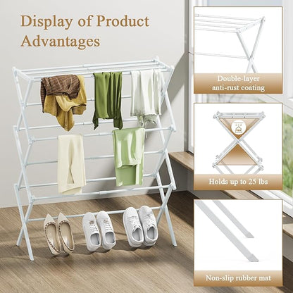 Foldable Drying Rack Clothing, 3-Tier Portable Clothes Drying Racks for Indoor & Outdoor, Anti-Rust Compact Laundry Rack Collapsible, White 29" D x 14" W x 41" H
