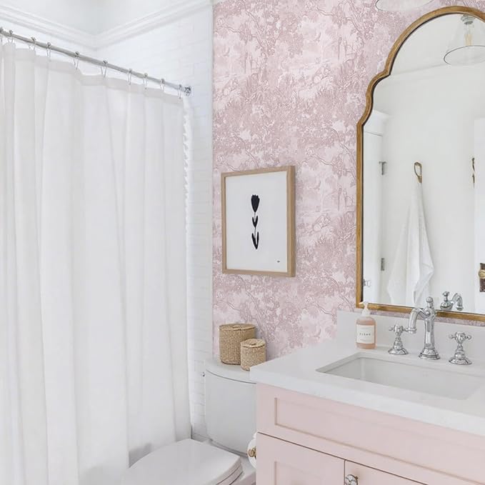 Ismoon Pink Peel and Stick Wallpaper Neutral Wall Paper 17.3in×6.56ft Vintage Removable Self-Adhesive Wallpaper Animals Jungle Contact Paper for Cabinets Bathroom Walls Covering Vinyl Roll