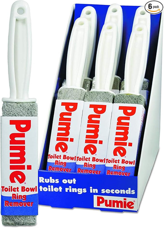 PUMIE Toilet Bowl Ring Remover, Pumice Stone for Hard Water and Tough Stains, Safe for Porcelain, TBR-6 Scouring Stick with Handle, 6-Count.