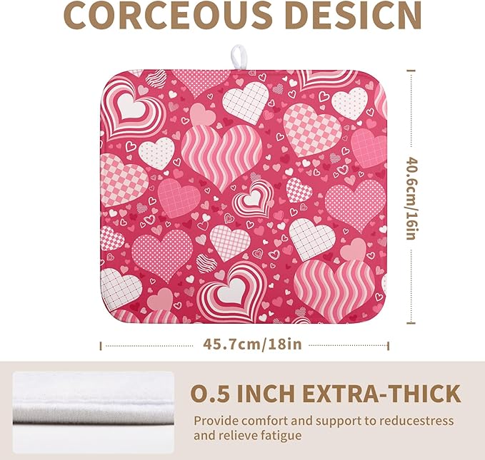 Valentine's Day Red Pink Love Heart Drying Mat for Kitchen Counter - Absorbent Microfiber Dish Drainer Mats - Medium Drying Pad - 16x18 Inch
