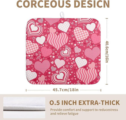 Valentine's Day Red Pink Love Heart Drying Mat for Kitchen Counter - Absorbent Microfiber Dish Drainer Mats - Medium Drying Pad - 16x18 Inch
