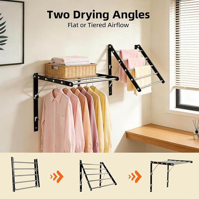 Wall Mounted Drying Rack, Pre-Install Adjustable Width 13-23 Inch, 60 lbs Heavy Duty Foldable Laundry Rack, Space Saving Stainless Steel for Apartment Laundry Room Bathroom, Black