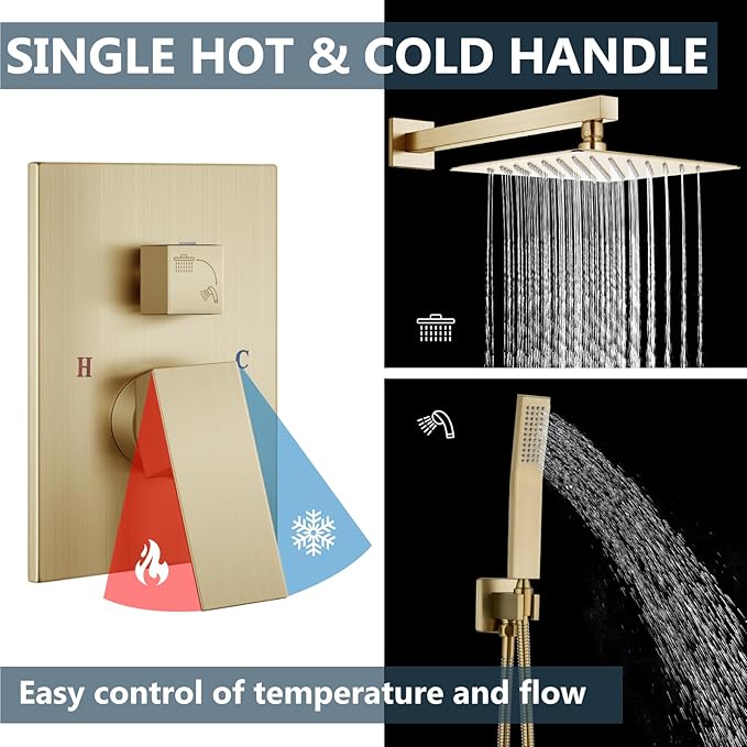 Aolemi Shower Faucet Set Rain Shower System with Handheld Spray Bathroom Shower Combo Rough-in Valve and Shower Trim Kit Included Brushed Gold 12 Inch Wall Mount Shower Head