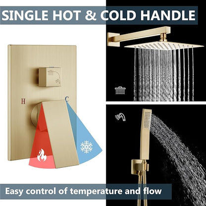 Aolemi Shower Faucet Set Rain Shower System with Handheld Spray Bathroom Shower Combo Rough-in Valve and Shower Trim Kit Included Brushed Gold 12 Inch Wall Mount Shower Head
