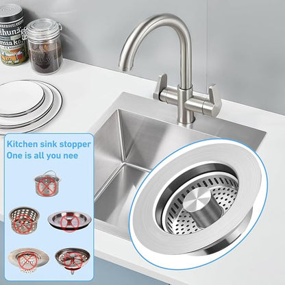 3-in-1 Kitchen Sink Drain Strainer & Stopper, Stainless Steel Food Catcher Plug with Filter Basket, Fits 3-1/2 Inch Drain Hole, Universal Sink Protector Cover, Anti-Clogging, Silver - 2Pack