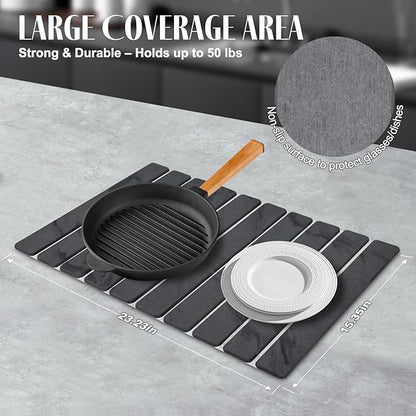 2 PCS Large Stone Dish Drying Mat for Kitchen Counter, 24"×16" Marble Dish Drying Mat with 8"x 4" Coasters, Non - Slip Collapsible Absorbent Mat for Multi - Purpose, Match Any Countertop【Dark Gary】