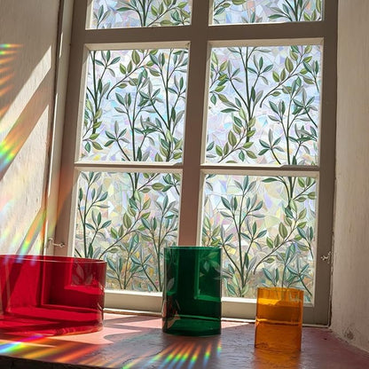 Runtoo Window Privacy Film Rainbow Plant Leaves Clings 3D Decorative Vinyl Stained Glass Window Decals Static Sticker Non-Adhesive, 15.75 x 79 inches