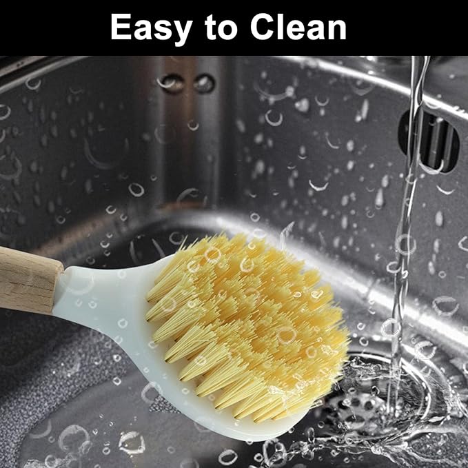 3 Pcs Kitchen Dish Brush with Bamboo Handle, Dish Scrubber Brush Built-in Scraper, Pot Scrubbers for Cleaning, Dishwashing, Dishes, Pans, Kitchen Sink and Counter