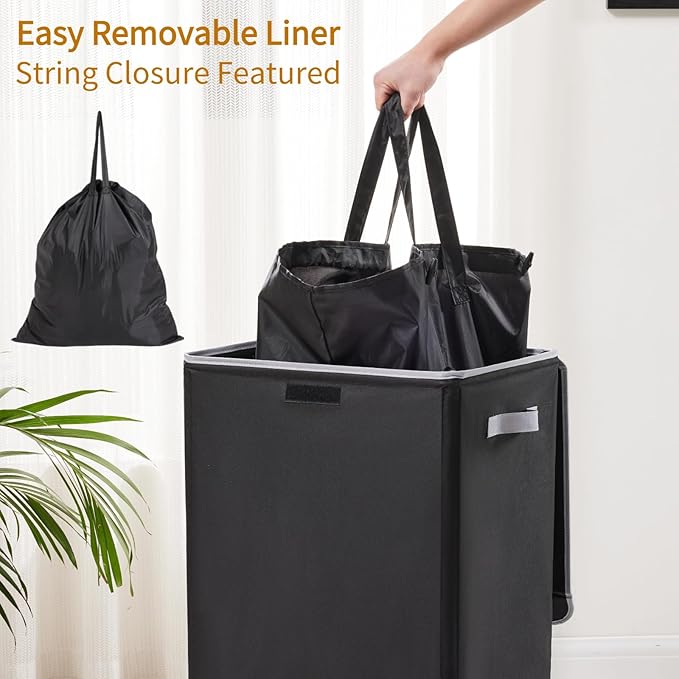 Laundry Hamper with Lid, 90L Collapsible Clothes Basket, Strong Struture, Dirty clothes Hamper, Removable Laundry Bag with String Closure, for Bedroom, Bathroom, Dorm, College, Toys, Black