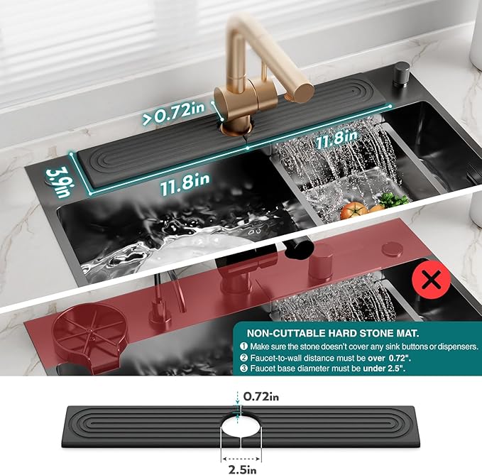 eormoe Kitchen Sink Splash Guard – Stone Diatomite Faucet Drying Matt, Modern Kitchen Sink Accessories for Counter (Dark Grey, 23.6"x3.9")