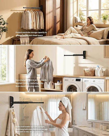 Wall Mounted Drying Rack 13" Foldable Clothes Hanger Black Pull-Out Clothes Drying Rod for Laundry, Closets, Rntryway (1, 13" Black)