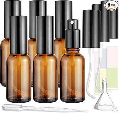 6-Pack 1oz/30ml Amber Glass Spray Bottles for Fine Mist | with 2 Extra Nozzles, Refillable Essential Oil, Toner, Hair Care & Cleaning Solutions Bottles Set | Leak-Proof, UV Protection