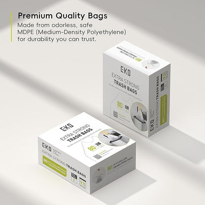 EKO Easy-Dispense Roll 80 Count Extra-Strong Drawstring Tall Kitchen Trash Bag, 8-9.5 Gallon Trash Bag (30.3L-36L) 1 Pack White, Code E