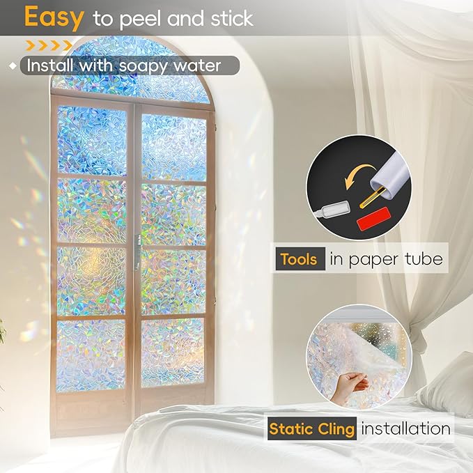 Rainbow Window Privacy Film Decorative, Stained Glass Window Tint for Home, 3D Decals Window Clings for Glass Windows, Static Cling Window Sticker, Suncatcher Window Cover, 17.5 Inch x 157.4 Inch