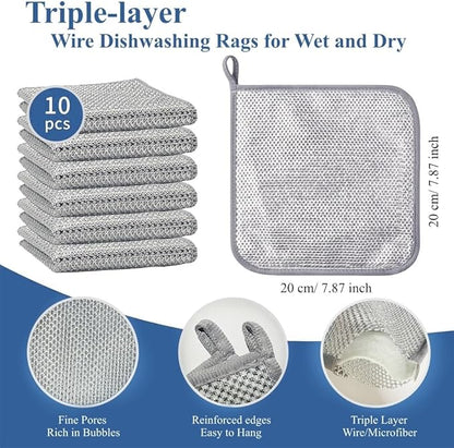 10-Pack Non Scratch Wire Dishcloths - 7.87"x7.87" Multipurpose Steel Dishwashing Rags for Wet and Dry, Metal Scrubbing Sponge Pads Towels for Home Kitchen Dishes, Stoves, Sink Cleaning