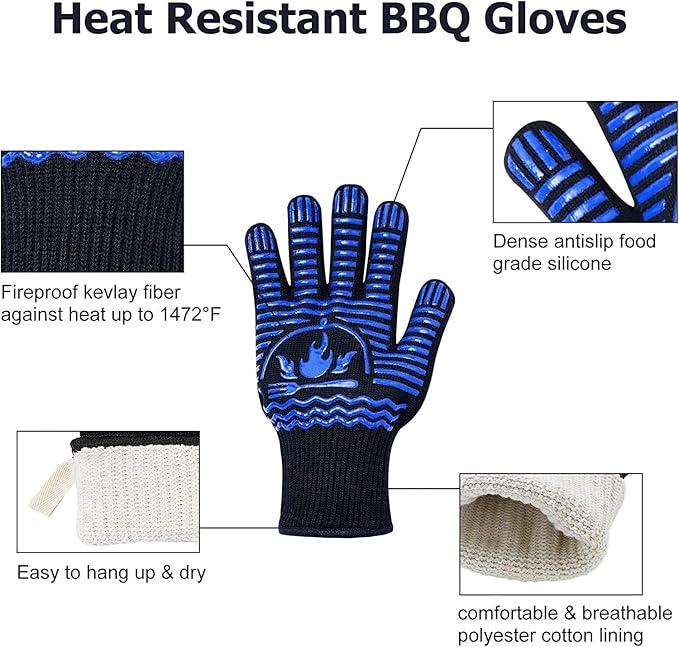BBQ Gloves, 1472°F Extreme Heat Resistant Grill Gloves, Non-Slip Food Grade Silicone Oven Mitts Gloves for Kitchen, Cooking, Barbecue, Baking, Smoker (9inch)