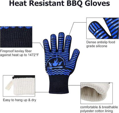BBQ Gloves, 1472°F Extreme Heat Resistant Grill Gloves, Non-Slip Food Grade Silicone Oven Mitts Gloves for Kitchen, Cooking, Barbecue, Baking, Smoker (9inch)