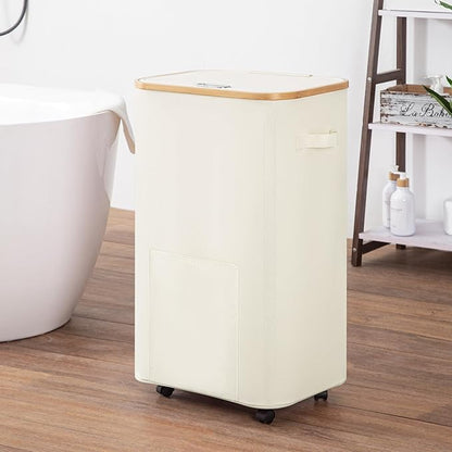 Laundry Basket with Wheels, Tall Dirty Clothes Hamper on Wheels, Rolling Laundry Hamper with lid for Dorm, Bedroom and Bathroom (Beige, 100L)
