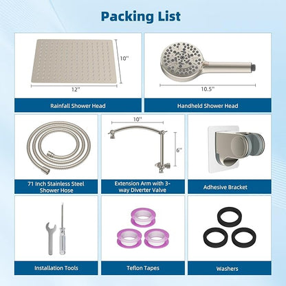 Hibbent All Metal cUPC Certified Shower Head, 12'' High Pressure Rain Shower Head, Handheld Showerhead Combo with 16'' Adjustable Extension Arm, 10 Sprays, 71'' Hose, Showerhead Holder, Brushed Nickel