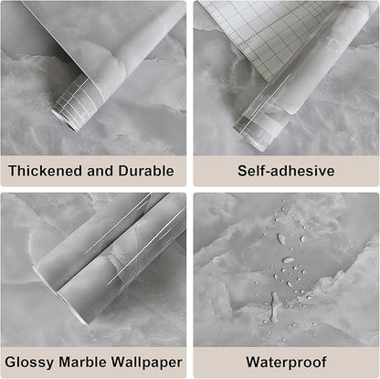 JSEVEM 24"×197" Wide Thick Grey White Cloud Pattern Marble Wallpaper Peel and Stick Waterproof Glossy Textured Gray White Marble Contact Paper Vinyl DIY Removable Wall Stickers for Bedroom Living Room