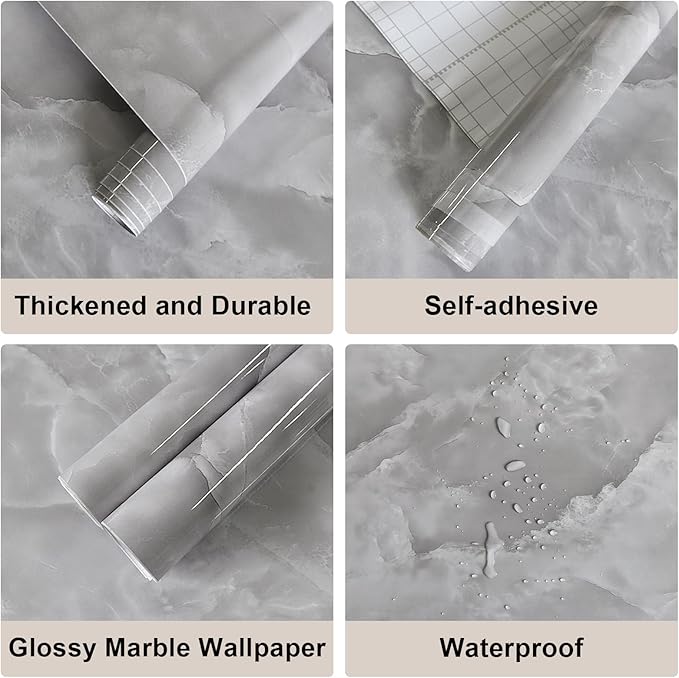 JSEVEM 24"×354" Large Wide Thick Grey White Cloud Pattern Marble Wallpaper Peel and Stick Waterproof Glossy Textured Gray White Marble Contact Paper Removable Wall Tile Sticker for Bedroom Living Room