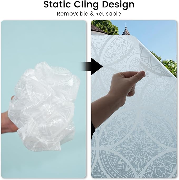 DKTIE Bohemian Decor Stained Glass Window Film with Installation Tools, Two-Way Window Privacy Film, Reduce Glare, Pure White, 35.4 x 118.1 Inch