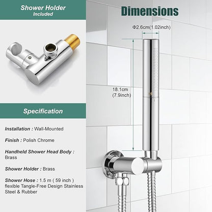 Heyalan Brass 2 in1 Function Handheld Spray Hand Shower High Pressure Handheld Sprinklert Shower Wand with Shower Hose and Adjustable Hand Shower Holder, Polished Chrome