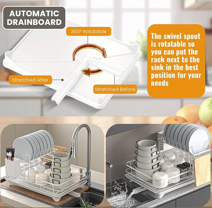 Dish Drying Rack,2-Tier Rustproof Steel Kitchen Organizer with Drainboard & Utensil Holder, Large Capacity Dish Drainer Organizer for Bowls/Cups/Bottles (MS-A-356-2)