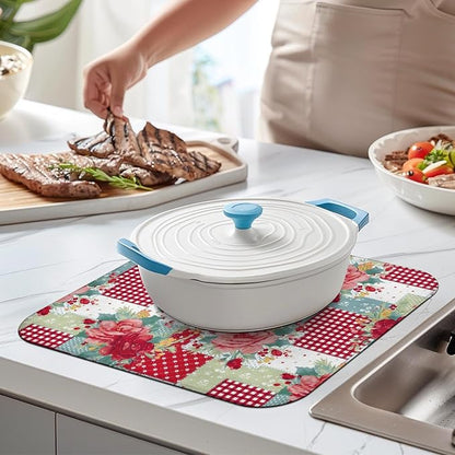 Dish Drying Mat Drainer Pads - Extra Large Microfiber Drying Mats for Dishes Kitchen Counter Super Absorbent Pads for Draining Racks (Red,16"x18" )