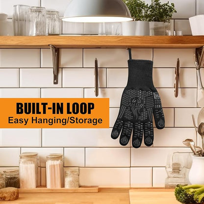 BBQ Gloves, Oven Gloves, 1472°F Extreme Heat Resistant Barbecue Gloves, Silicone Non-Slip Oven Mitts, Kitchen for Cooking, Grilling, and Baking (Black)