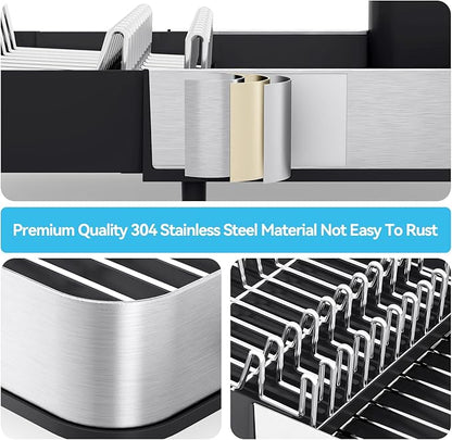 Urackify Dish Drying Rack, 304 Stainless Steel Dish Drainer with Removable Utensil Holder & Drain Board, Rustproof Space-Saving Dish Rack for Kitchen Countertop, Black