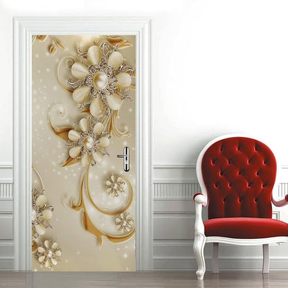 A.Monamour 3D Door Stickers for Interior Doors Luxury Flowers Golden Ornaments Vinyl Waterproof Self Adhesive Door Mural Decals for Bedroom Office Bathroom 90x200cm