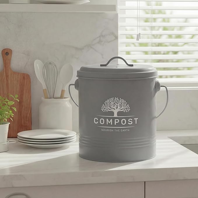 Perfnique Kitchen Compost Bin, 1.3 Gallon Countertop Compost Bin with Lid, Indoor Compost Bucket Includes Inner Bucket Liner and Carbon Filter, Small Compost Bin with Trash Bags (with Bags, Grey)