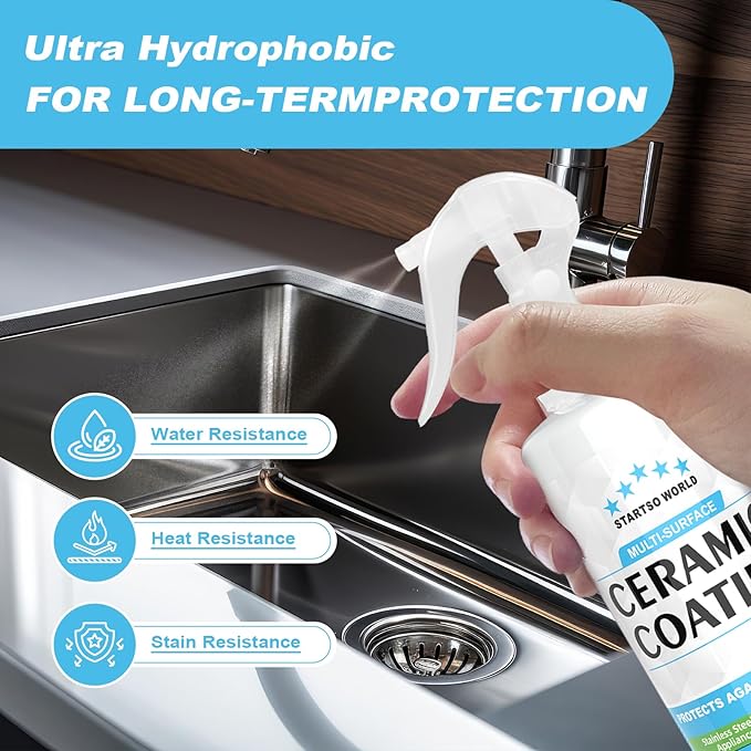 Ceramic Coating Spray – Shine, Seal & Protect Stainless Steel, Glass, Kitchen & Bath – Repels Fingerprints, Water Spots & Grime – Multi-Surface Sealant for Countertops, Sinks & More, 8.66oz