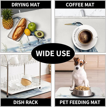 Summer Dish Drying Mat Blue White Heron Beach Absorbent Microfiber Drying Mats for Kitchen Counter Coastal Nautical Birds Dishes Drainer Mat 16x18 Inch
