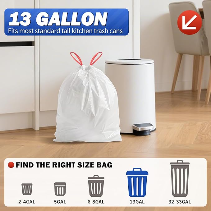 WINNER Trash Bags 13 Gallon, 20 Count Drawstring Tall Kitchen Garbage Bags, Unscented White Recycling Bags, Trash Can Wastebasket Bin Liners House Essentials for Bathroom Apartment Home and Kitchen