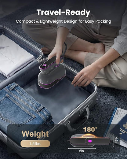 Travel Steamer Iron for Clothes, Portable Handheld Garment Steamer with 6 Smart Modes, Strong Penetrating Steam, 180° Rotatable Handle, 150ml Large Tank for Home & Travel (Light Gray)