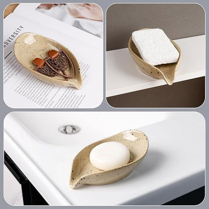 Soap Dish, Self Draining Soap Dishes 2PCS, Leaf Shape Ceramic Bar Soap Holder Drain Soap Dishes for Bathroom Sink Shower Kitchen, Easy to Clean Keeps Soap Dry, ANTIS'S HOME