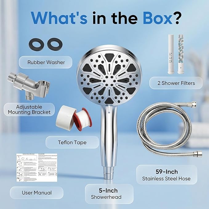 High Pressure Handheld Shower Head, 5" Large 10-Mode Filtered Showerhead with 59" Stainless Steel Hose, Hard Water Filter, Detachable Sprayer for Bath