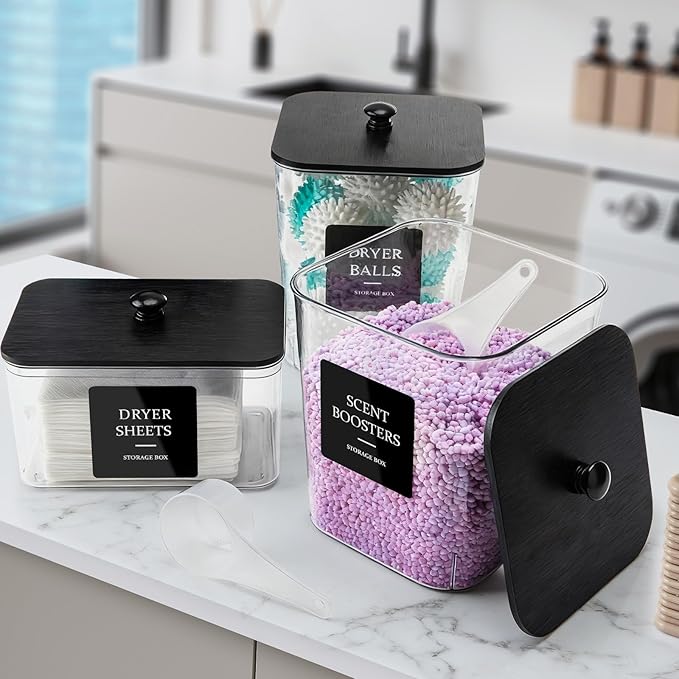 Laundry Pods Container, 3Pcs Acrylic Clear Laundry Room Organization Containers with Dryer Sheet Holder,Large Laundry Detergent Powder Storage Containers Black Wooden Lids & Labels