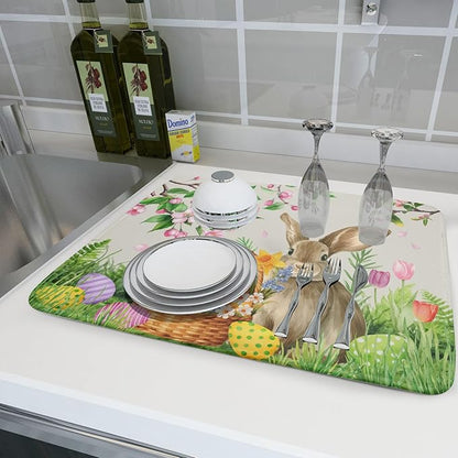 Easter Bunny Colorful Eggs Dish Drying Mat for Kitchen Counter,Spring Flowers Green Grass Drying Mat 18 x 24 Inch with High Absorbent Microfiber Drainer Mat for Coffee Bar