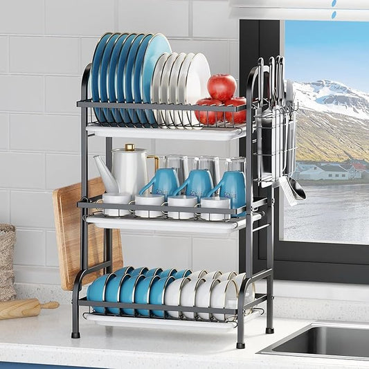 Vergissm Large 3-Tier Dish Drying Rack with Drain Tray - Rustproof Carbon Steel Kitchen Organizer for Countertop with Utensil & Cutlery Holder, Spacious Drainboard - Multifunctional Dish Drainer