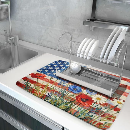 4th of July Patriotic Dish Drying Mat for Kitchen Counter 18x24 Red Blue White Floral American Flag Holiday Absorbent Reversible Microfiber Drying Mats Kitchen Countertop Protector Dishes Drainer Pad
