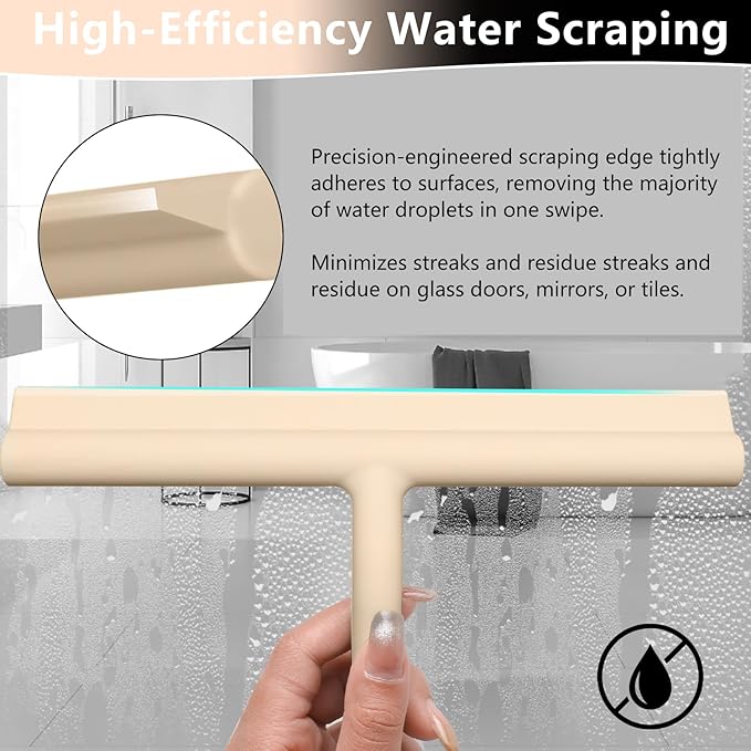 Shower Squeegee for Glass Doors, Full Silicone Jacketed Squeegee with Ergonomic Handle & No-Drill Hook, Cleaning Tool for Windows, Mirrors, Tiles, Bathroom & Car - Beige