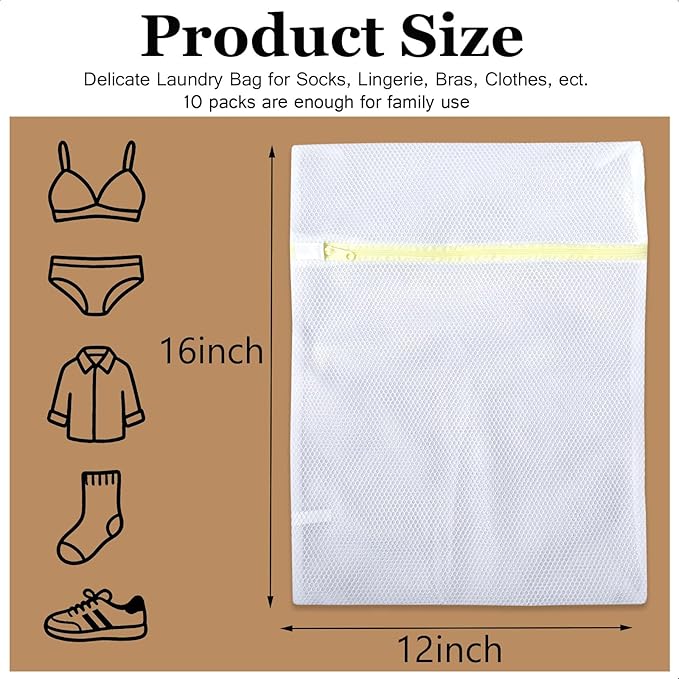 12x16 Inch Laundry Bags Mesh Wash Bags - 10Pcs, Durable Lingerie Bags for Washing Delicates, Medium Double-layer Washing Bags for Bras, Lingerie, Socks